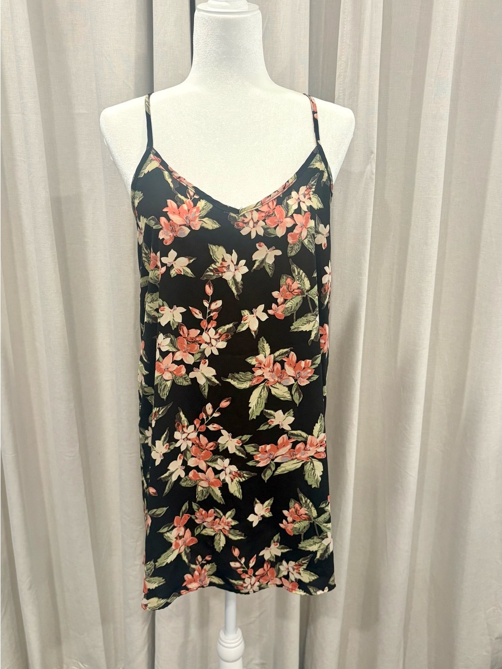 Forever 21 Cami Slip Dress Loose Fit Black Peach Floral Vintage Boho Medium EUC